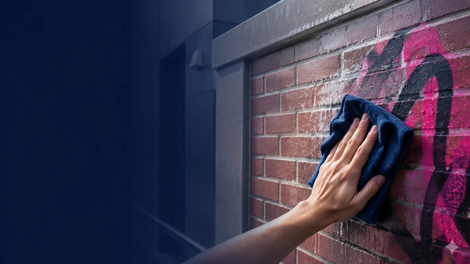 Hand reinigt pinkes Graffiti von einer Klinkerwand mit Lappen – Graffitientfernung und Anti-Graffiti-Schutz